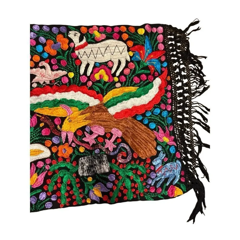 Rare Mexican Traditional Colorful Embroidered Yarn Table Runner 24” x 70”